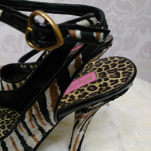 Betsey Johnson Zebra Stripe Black Gold Sequin Peep Toe Heels Size 5 ankle strap - Picture 4 of 11